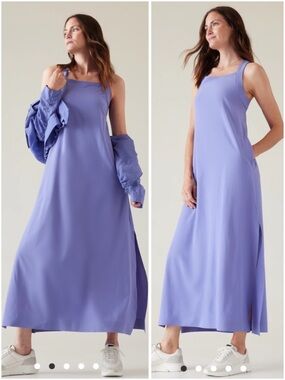 Athleta Arrival Dress Purple Featherweight Stretch Travel Midi Dress Medium